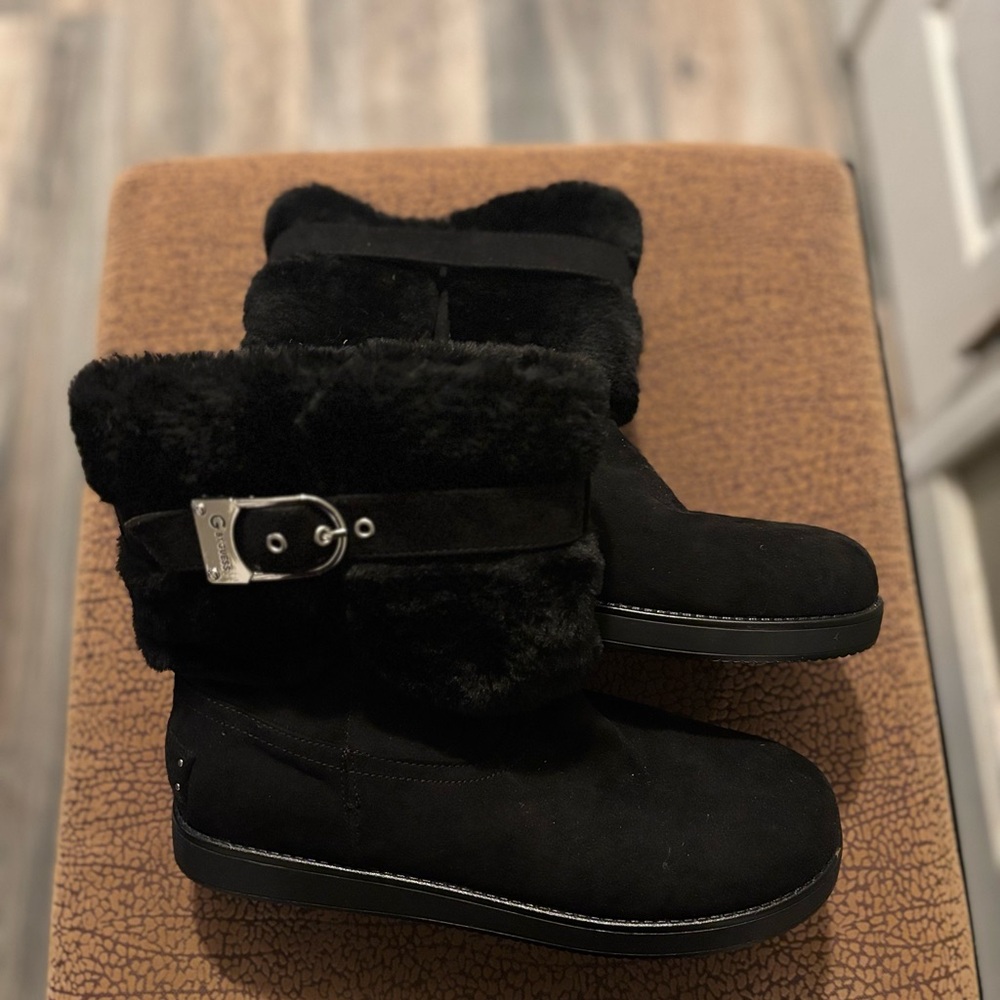 Guess Black Suede Fur-Trimmed Boots